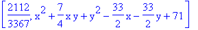 [2112/3367, x^2+7/4*x*y+y^2-33/2*x-33/2*y+71]